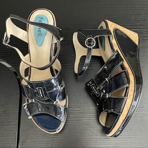 Fitzwell Navy Patent Leather and Cork Platform Wedge Strap Sandals, 9 1/2